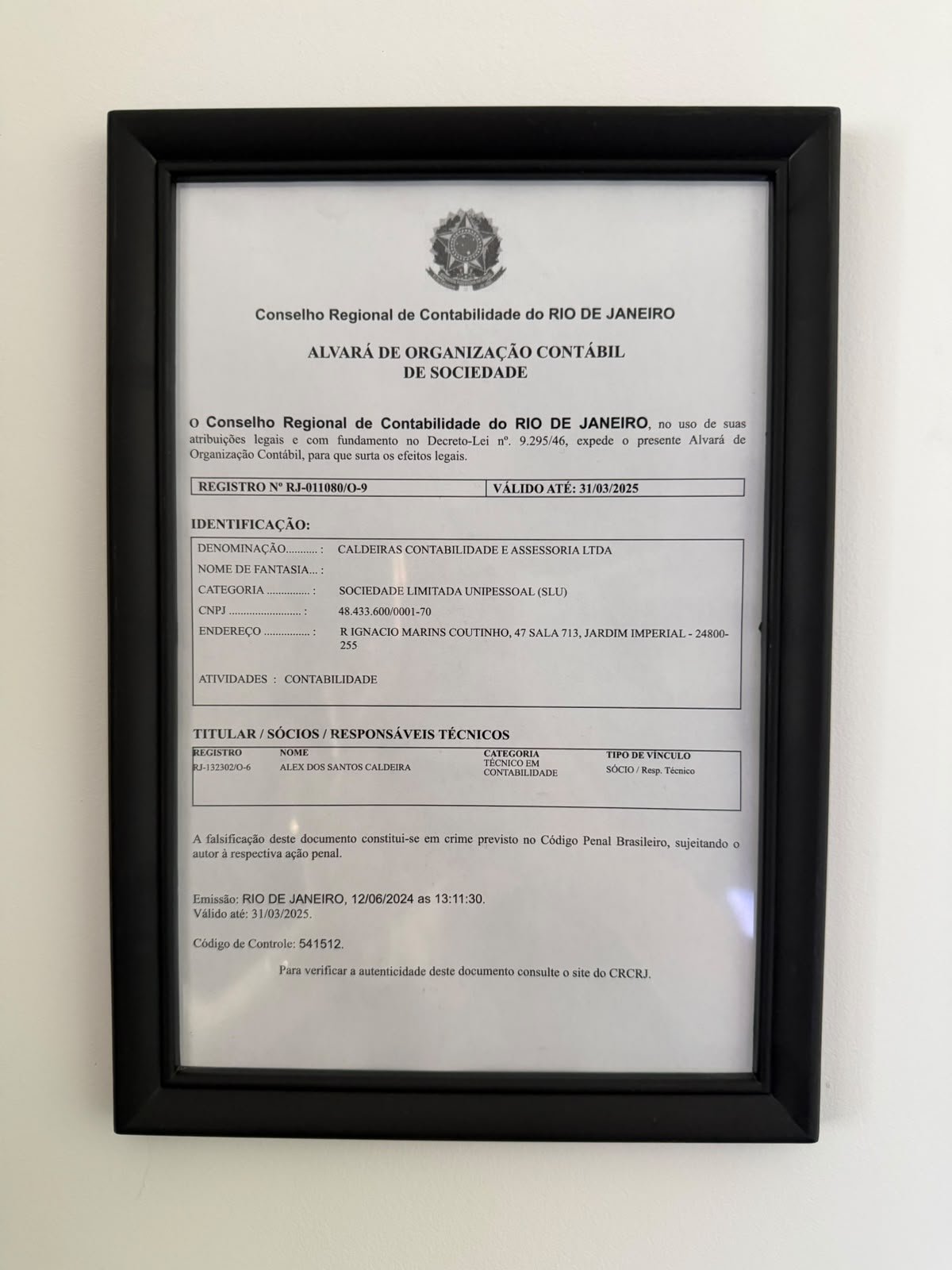 Alvará histórico de organização contábil emitido pelo CRC-RJ