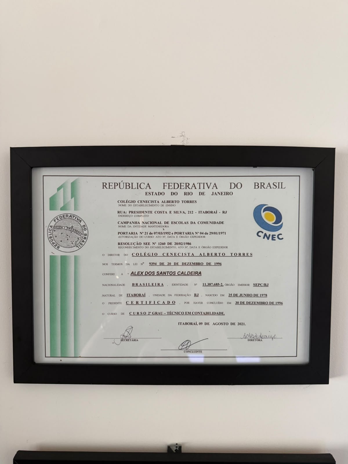 Certificado de formação técnica em Contabilidade de Alex Caldeira